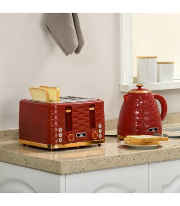 HOMCOM Kettle and Toaster Set 1.7L Rapid Boil Kettle & 4 Slice Toaster Red
