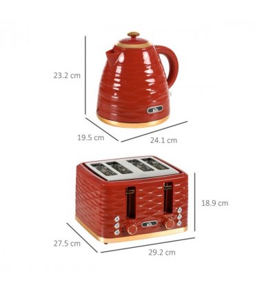 HOMCOM Kettle and Toaster Set 1.7L Rapid Boil Kettle & 4 Slice Toaster Red
