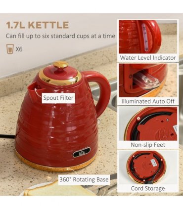 HOMCOM Kettle and Toaster Set 1.7L Rapid Boil Kettle & 4 Slice Toaster Red