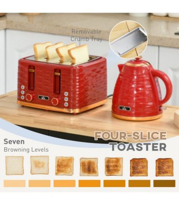HOMCOM Kettle and Toaster Set 1.7L Rapid Boil Kettle & 4 Slice Toaster Red