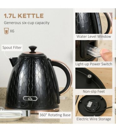 HOMCOM 1.7L Kettle and Toaster Set with Defrost, Reheat and Crumb Tray, Black