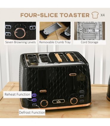 HOMCOM 1.7L Kettle and Toaster Set with Defrost, Reheat and Crumb Tray, Black