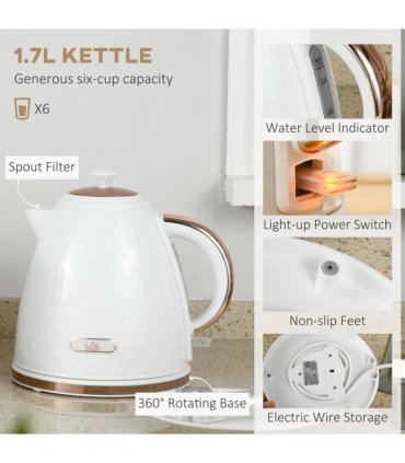 HOMCOM 1.7L Kettle and Toaster Set with Defrost, Reheat and Crumb Tray, White