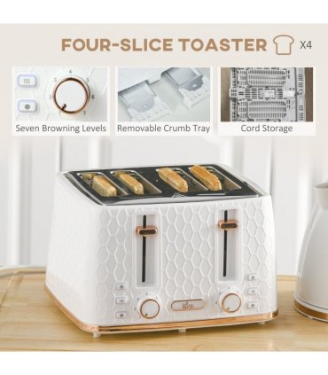 HOMCOM 1.7L Kettle and Toaster Set with Defrost, Reheat and Crumb Tray, White