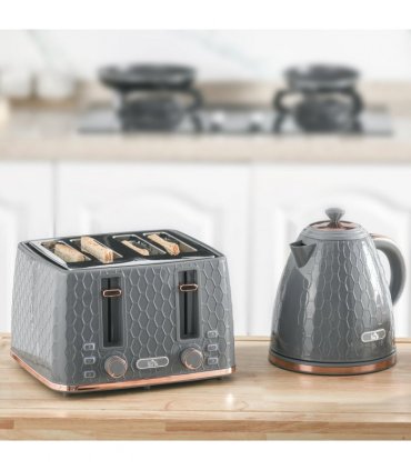 Kettle and Toaster Set, Grey, 1.7L, 4-Slice, Honeycomb Design, Defrost, Reheat