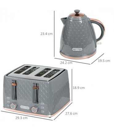 Kettle and Toaster Set, Grey, 1.7L, 4-Slice, Honeycomb Design, Defrost, Reheat