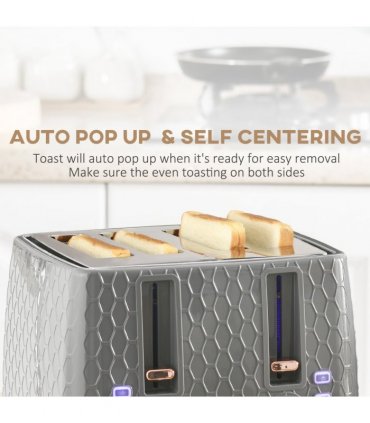 Kettle and Toaster Set, Grey, 1.7L, 4-Slice, Honeycomb Design, Defrost, Reheat