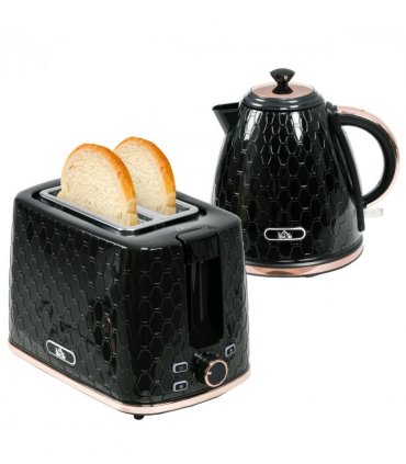 Kitchen Set 1.7L Fast Boil Kettle & 2 Slice Toaster Black Honeycomb Design