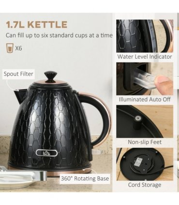 Kitchen Set 1.7L Fast Boil Kettle & 2 Slice Toaster Black Honeycomb Design