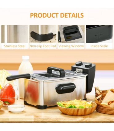 HOMCOM 3 Litre Deep Fat Fryer with Adjustable Temperature, 60min Timer, 2000W