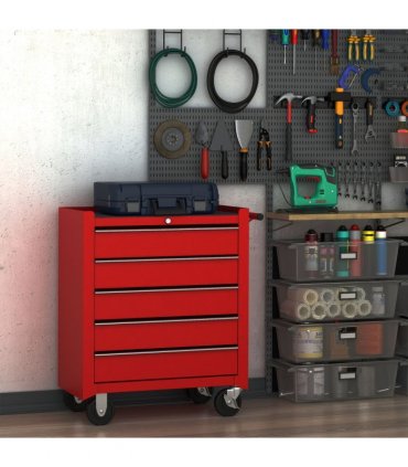 HOMCOM Tool Trolley with 5 Drawers Steel Tool Chest on Wheels with Handle Red
