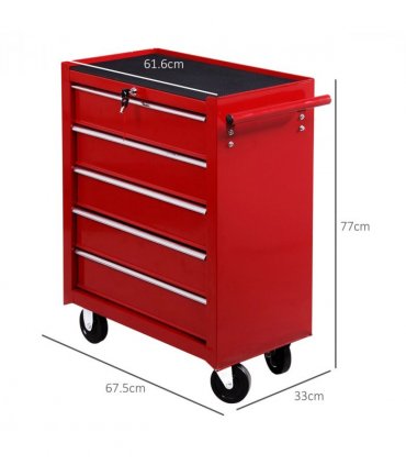 HOMCOM Tool Trolley with 5 Drawers Steel Tool Chest on Wheels with Handle Red