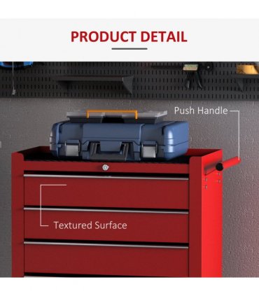 HOMCOM Tool Trolley with 5 Drawers Steel Tool Chest on Wheels with Handle Red