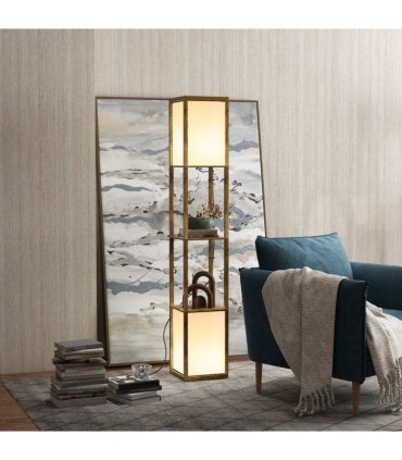HOMCOM Shelf Floor Lamp with Dual Light, for Living Room, Bedroom, Brown