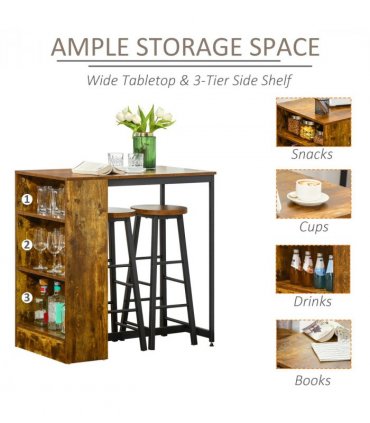 HOMCOM 3 Pieces Bar Table Set Height Table 2 Stools w/ Storage Shelf, Footrest