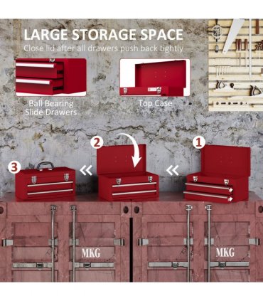 Metal Red 46L x 24W x 22H cm 2 Drawer Tool Chest with Ball Bearing Slide Drawers