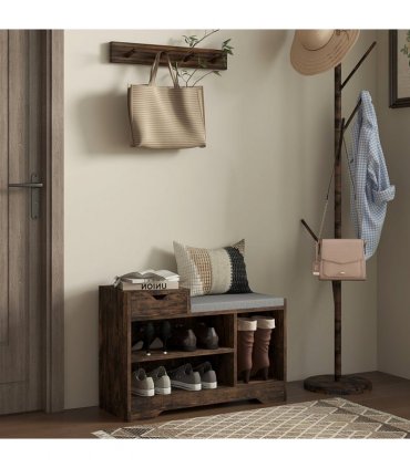 HOMCOM Upholstered Entryway Shoe Bench with Storage Drawer Open Shelf Brown