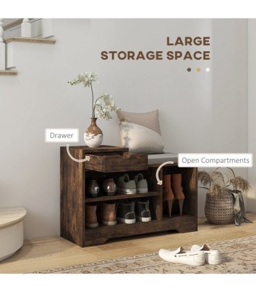 HOMCOM Upholstered Entryway Shoe Bench with Storage Drawer Open Shelf Brown