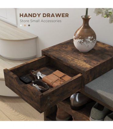 HOMCOM Upholstered Entryway Shoe Bench with Storage Drawer Open Shelf Brown