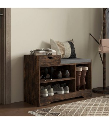 HOMCOM Upholstered Entryway Shoe Bench with Storage Drawer Open Shelf Brown