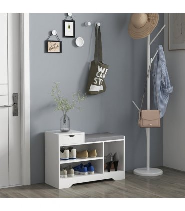 HOMCOM Upholstered Entryway Shoe Bench with Storage Drawer Open Shelf White