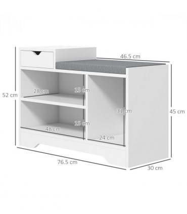 HOMCOM Upholstered Entryway Shoe Bench with Storage Drawer Open Shelf White