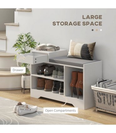 HOMCOM Upholstered Entryway Shoe Bench with Storage Drawer Open Shelf White