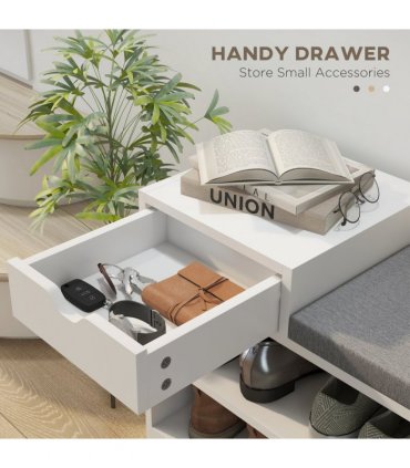 HOMCOM Upholstered Entryway Shoe Bench with Storage Drawer Open Shelf White