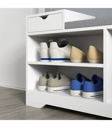 HOMCOM Upholstered Entryway Shoe Bench with Storage Drawer Open Shelf White
