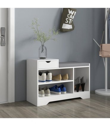 HOMCOM Upholstered Entryway Shoe Bench with Storage Drawer Open Shelf White