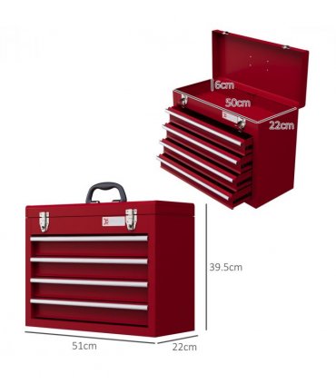 DURHAND Lockable 4 Drawer Tool Chest with Ball Bearing Slide Drawers Red