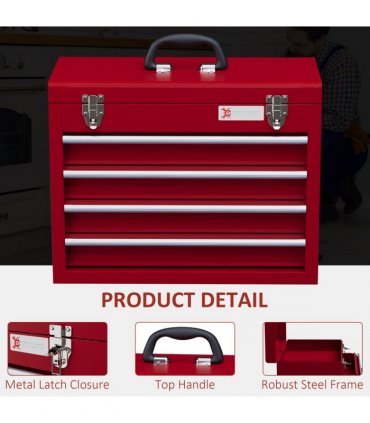 DURHAND Lockable 4 Drawer Tool Chest with Ball Bearing Slide Drawers Red