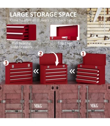 DURHAND Lockable 4 Drawer Tool Chest with Ball Bearing Slide Drawers Red