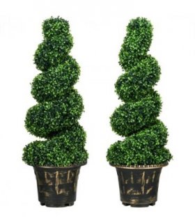 HOMCOM Set of 2 Potted Artificial Plants, Topiary Spiral Boxwood Trees, 90cm