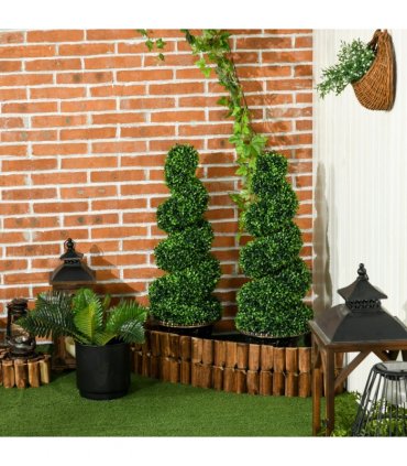 HOMCOM Set of 2 Potted Artificial Plants, Topiary Spiral Boxwood Trees, 90cm