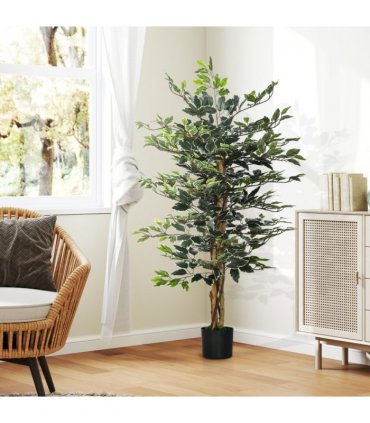 Artificial Ficus Tree Green Thick Plastic 15L x 15W x 130H cm - Lifelike Leaves