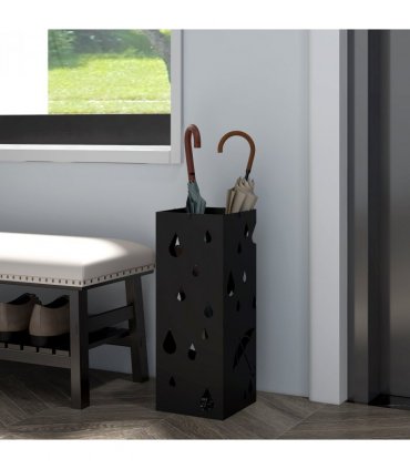 HOMCOM Metal Umbrella Stand, Square Umbrella Basket with 4 Hooks and Drip Tray