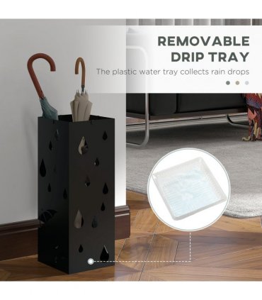 HOMCOM Metal Umbrella Stand, Square Umbrella Basket with 4 Hooks and Drip Tray