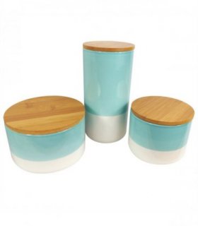 Set of Three Canisters Aqua Green Ceramic Storage Jars with Lids