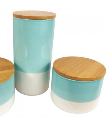 Set of Three Canisters Aqua Green Ceramic Storage Jars with Lids