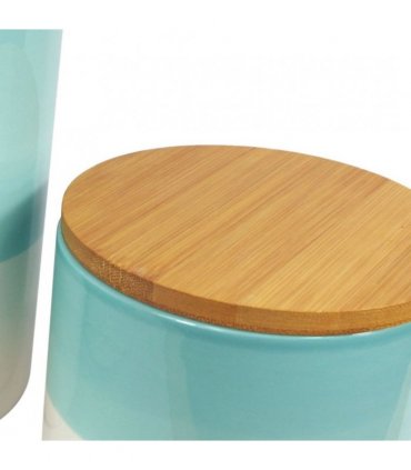 Set of Three Canisters Aqua Green Ceramic Storage Jars with Lids