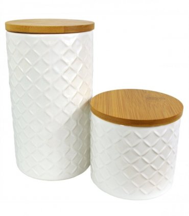 Set of Two Ceramic Jars Embossed Cream Canisters with Lids