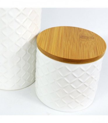 Set of Two Ceramic Jars Embossed Cream Canisters with Lids