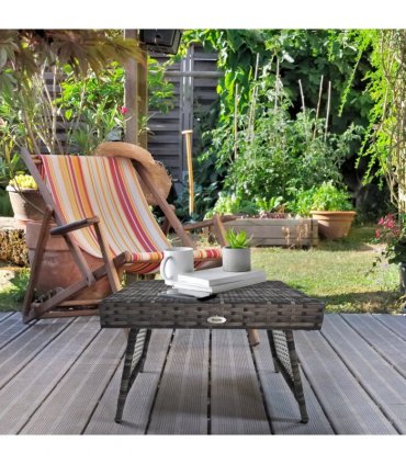 Outsunny Foldable Outdoor Coffee Table, Metal Frame Rattan Side Table, Grey