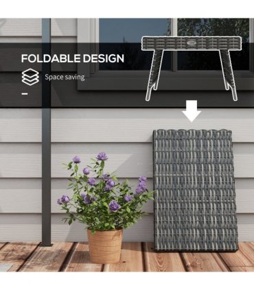 Outsunny Foldable Outdoor Coffee Table, Metal Frame Rattan Side Table, Grey