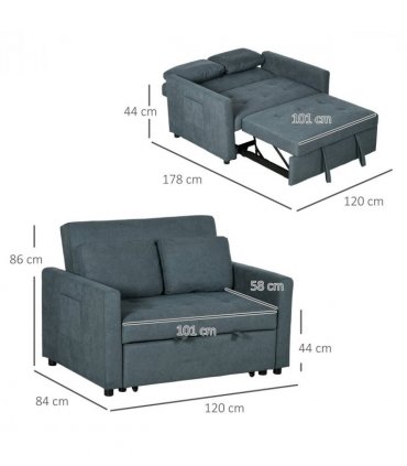HOMCOM 2 Seater Sofa Bed Convertible Bed Settee with Cushions, Pockets, Grey