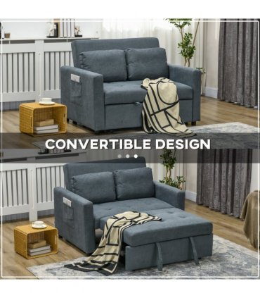 HOMCOM 2 Seater Sofa Bed Convertible Bed Settee with Cushions, Pockets, Grey