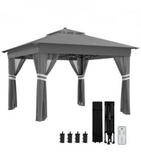 Gazebo Grey Steel Oxford Cloth 336L x 336W x 270Hcm Solar-Powered LED Lights