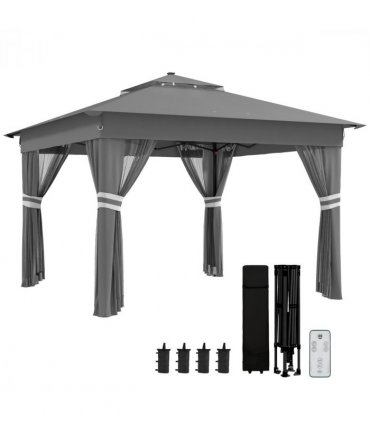 Gazebo Grey Steel Oxford Cloth 336L x 336W x 270Hcm Solar-Powered LED Lights