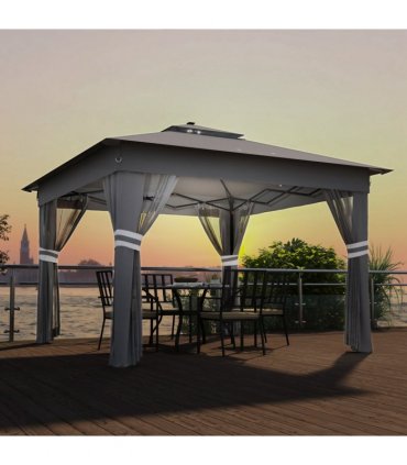 Gazebo Grey Steel Oxford Cloth 336L x 336W x 270Hcm Solar-Powered LED Lights